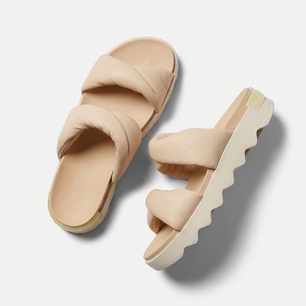 Sorel Leather Puffy Strap Platform Slide Sandals Beige Womens 10